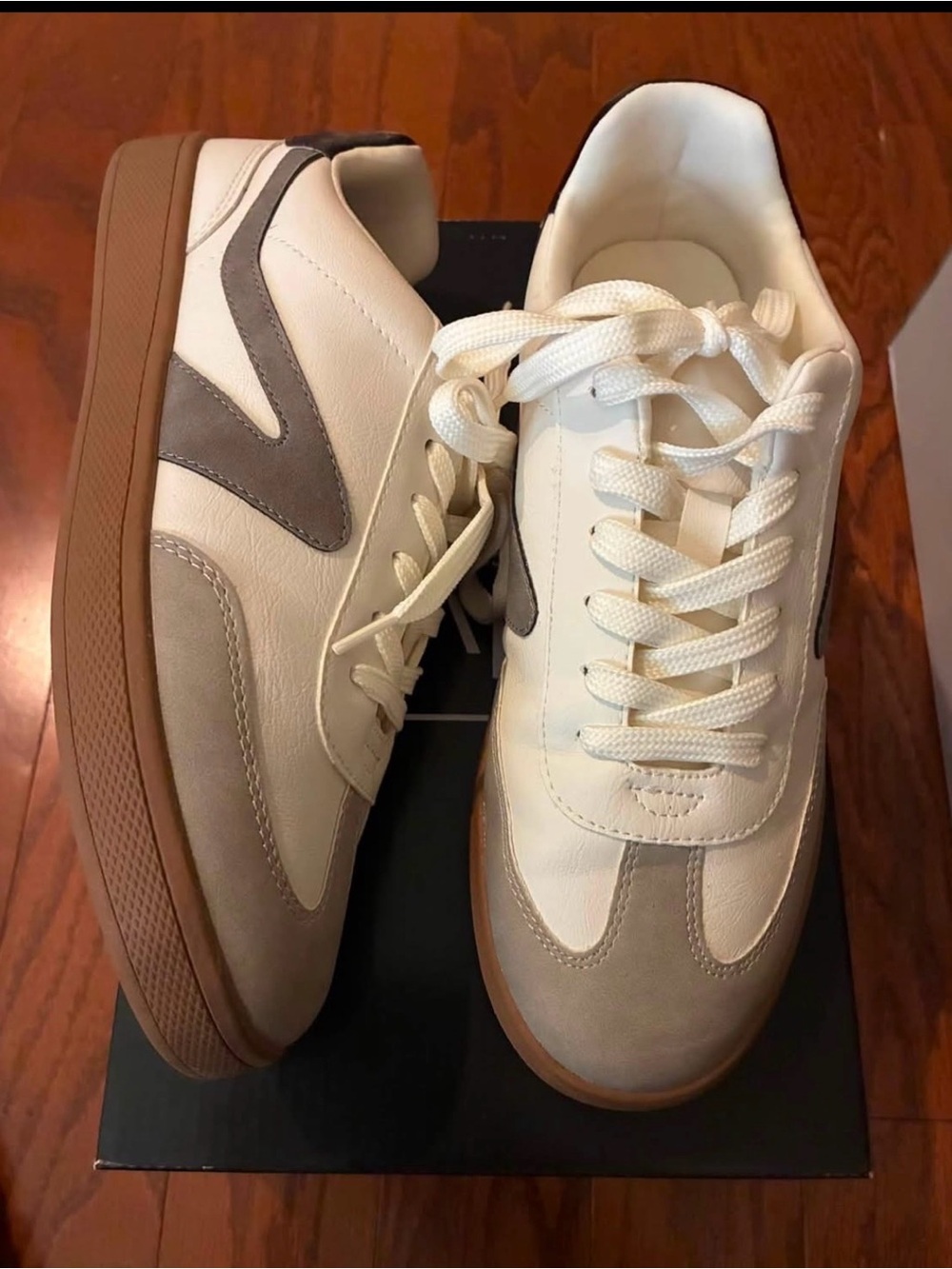 Women’s Casual White and Taupe Leather Sneakers